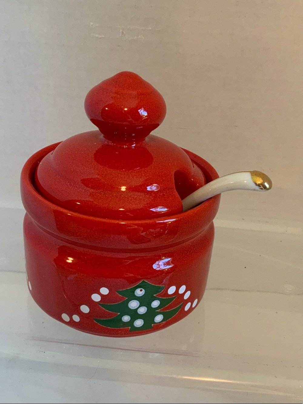 Festive Red Ceramic Holiday Sugar Jar with Spoon